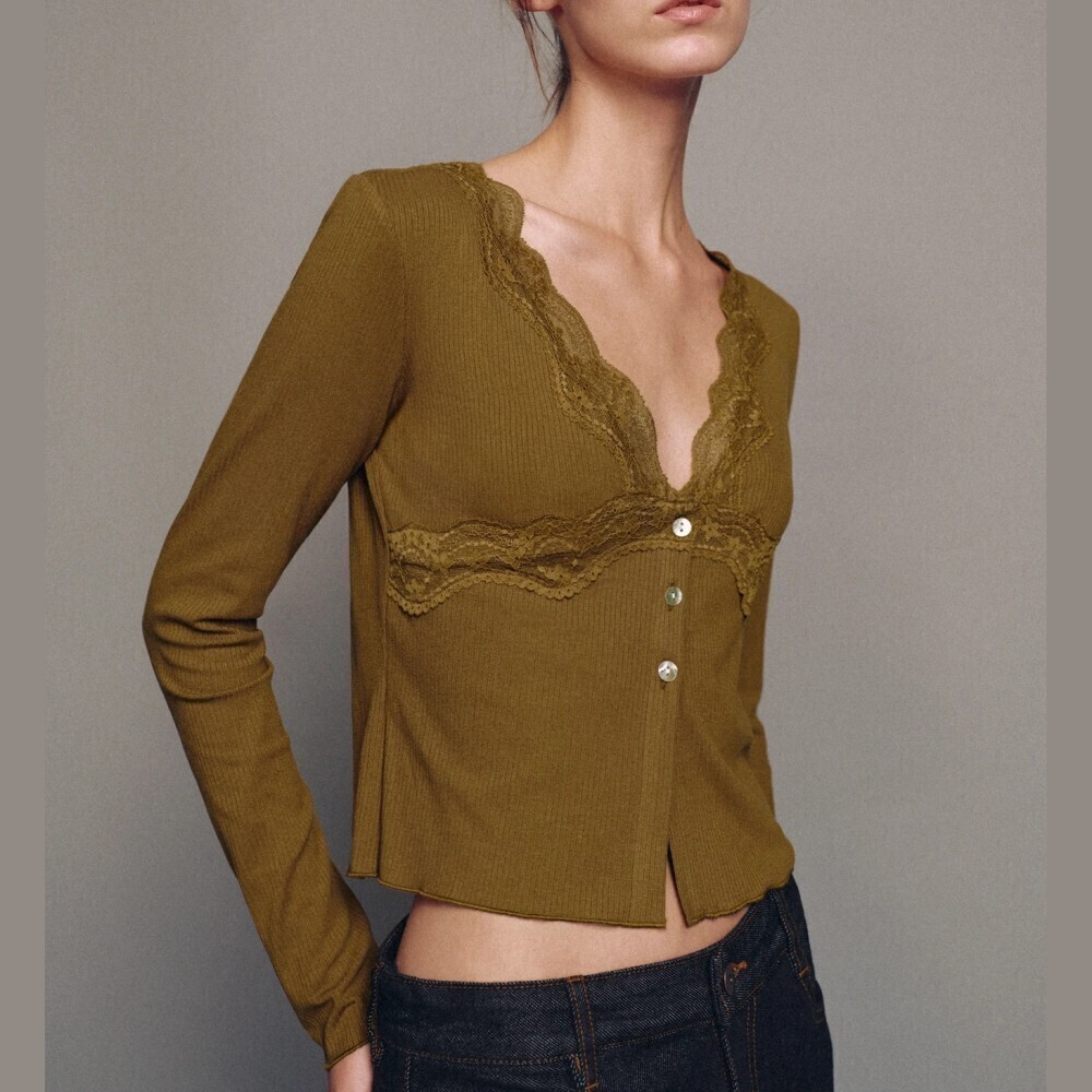 Olive Brown Lace Trim Ribbed Knit Button Front V Neck Top